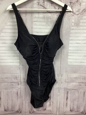 Fantasizer Black Swimsuit Zip Up Ruching 12 Vintage